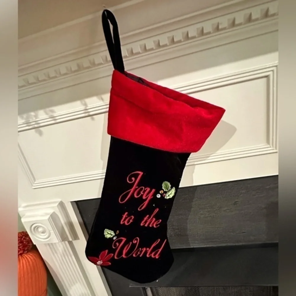 CHRISTMAS STOCKING ~ Black & Red Velvet with Monogrammed Joy To The World